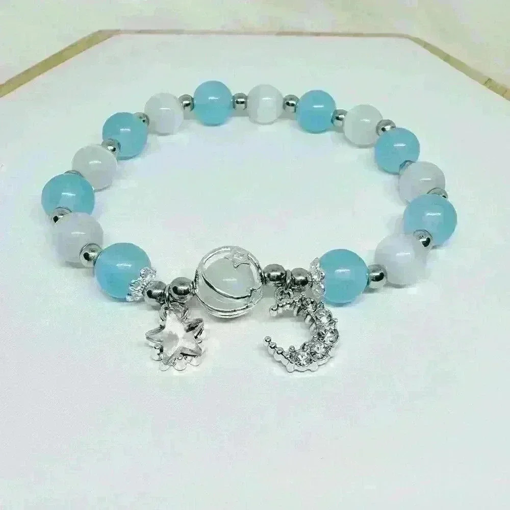 Blue Beaded Bracelet with Moon charm fancy statement bracelet